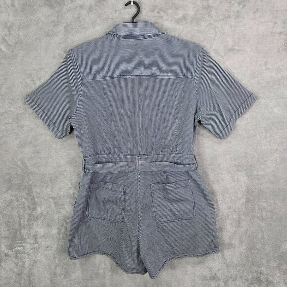 Womens Blue & White Striped Romper Button Up Belted Waist 100% Cotton Size 17 - Picture 8 of 12